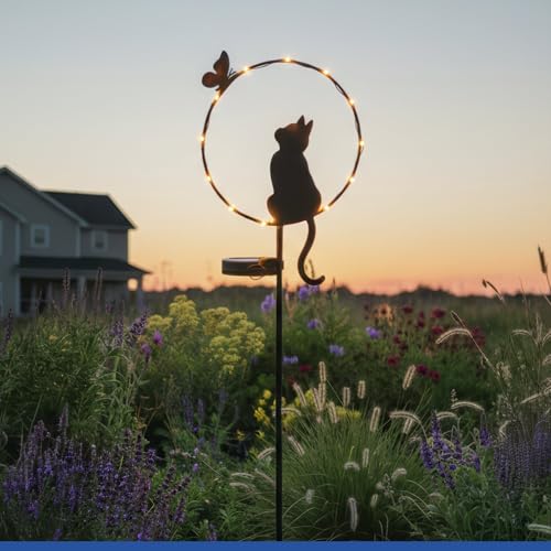 Maximex Solar LED Gartenstecker Katze mit Schmetterling, Dämmerungssensor, wetterfest, Solarlicht für Garten und Balkon, 20 x 85 x 11,2 cm, Metall