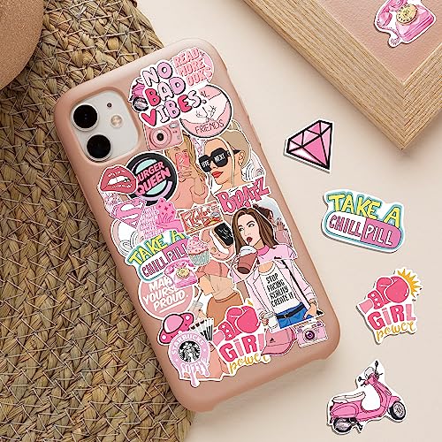 Image of FlyBuyHub Pink Theme Aesthetic Vinyl Journal Stickers for Phone Case, Laptop, Notebook, Diary, Water Bottle, Etc Self-Adhesive Stickers Set of 120 Glossy and Waterproof Stickers (Pink Girls)