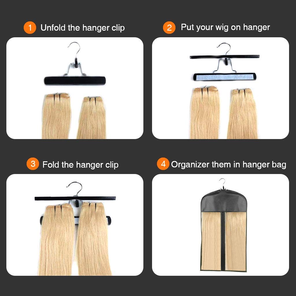 Satin Perücken Aufbewahrungsbeutel Haarverlängerungen Tasche Perückentasche mit Holzaufhänger Set (60 * 29cm/23.6 * 11.4",Lila mit rundem Winkel*5)