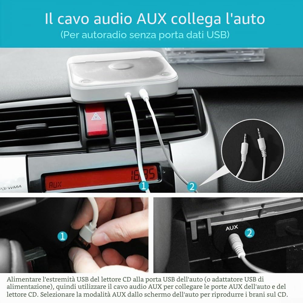 Besttoolifes Lettore CD portatile esterno per auto, usb Plug-And-Play, porta AUX, cavo di prolunga USB