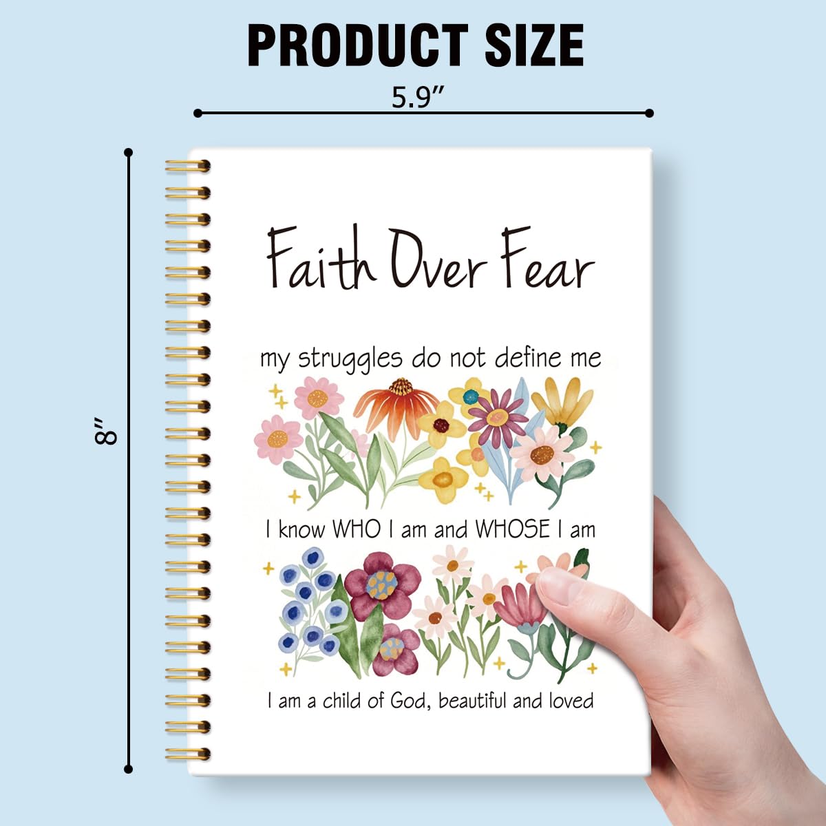 Cuaderno con espiral de tapa dura con 160 páginas con forro de Faith Over Fear, diario de arte de flores cristianas, cuaderno inspirador, bonito diario bíblico para mujeres, compañeras de