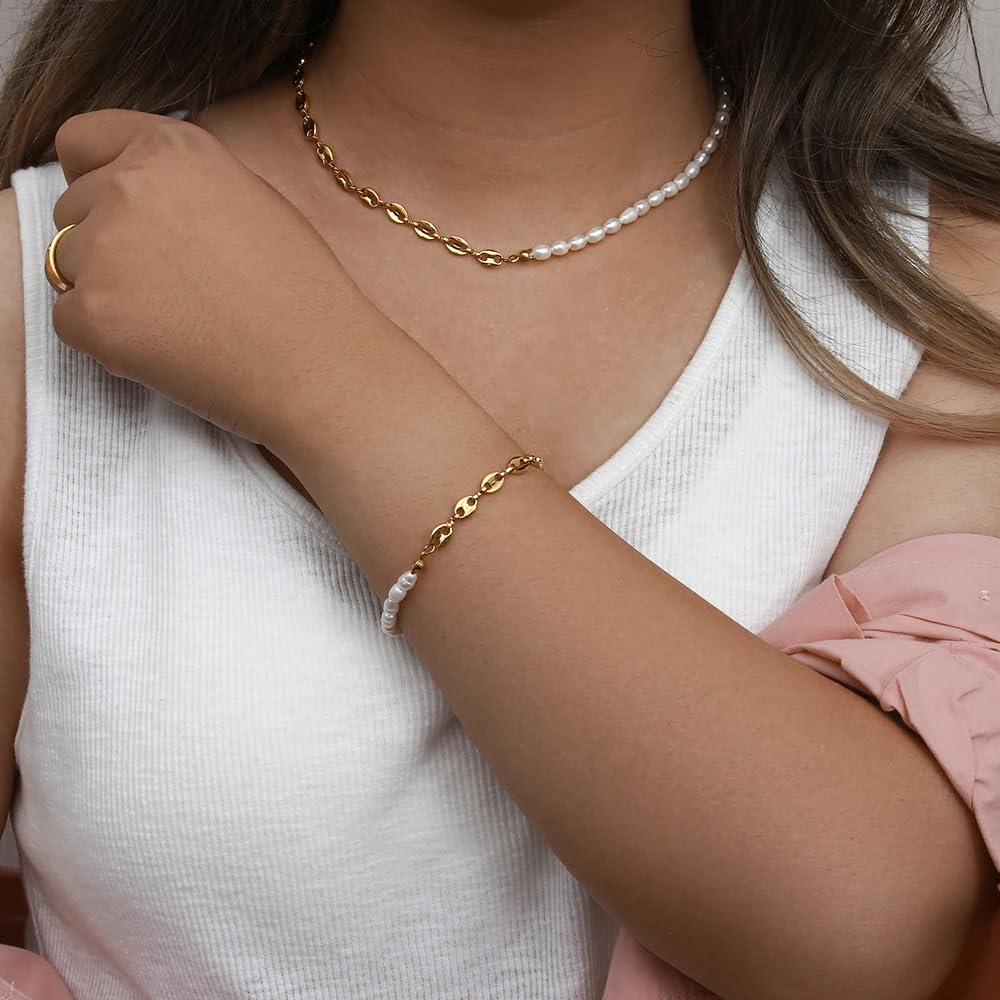 YDYDTTKD Collar de Cadena de Media Perla Natural Vintage de Plata de Ley 925 para Mujeres y Hombres, Conjuntos de Pulseras clásicas-Collar de Agua Dulce,
