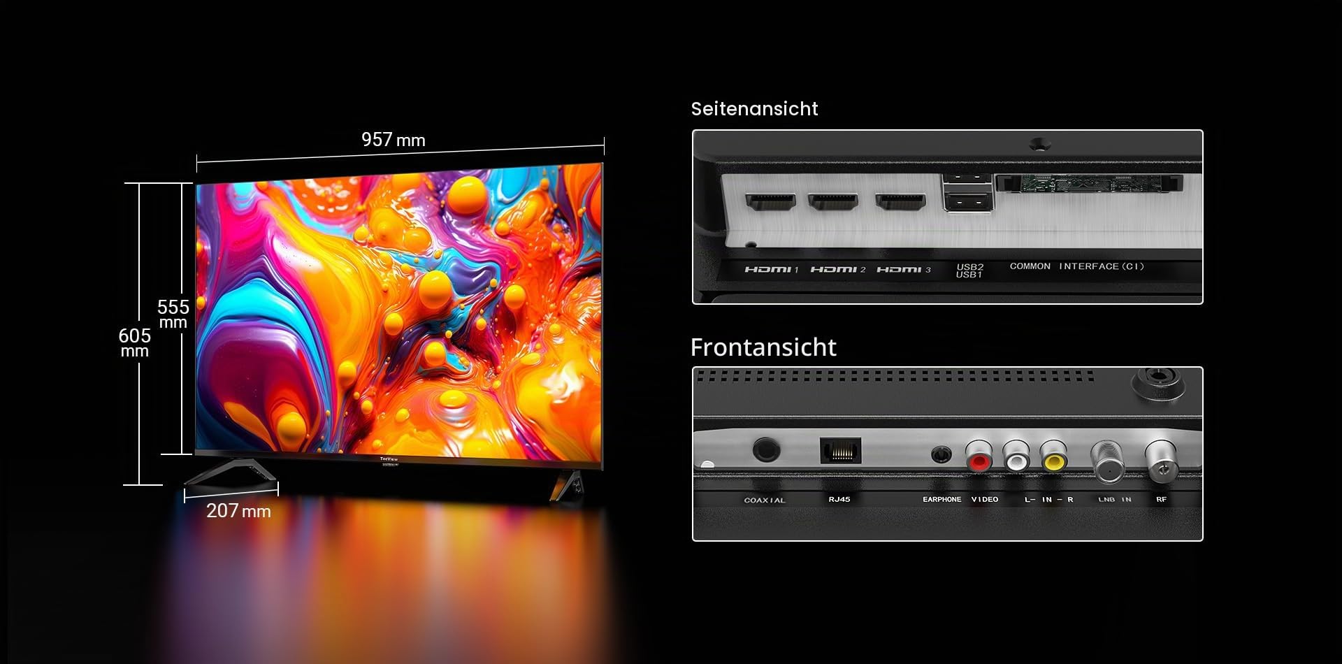 TEEVIEW Google Smart TV | QLED 4K UHD | 43”/110cm | Frameless Design | Tripple Tuner DVB-T/T2/S/S2/C | HDMI x3, USB x2, CI+ | Sprachsteuerung & Streaming-Apps | In Eindhoven montiert | TV43QQG-EU
