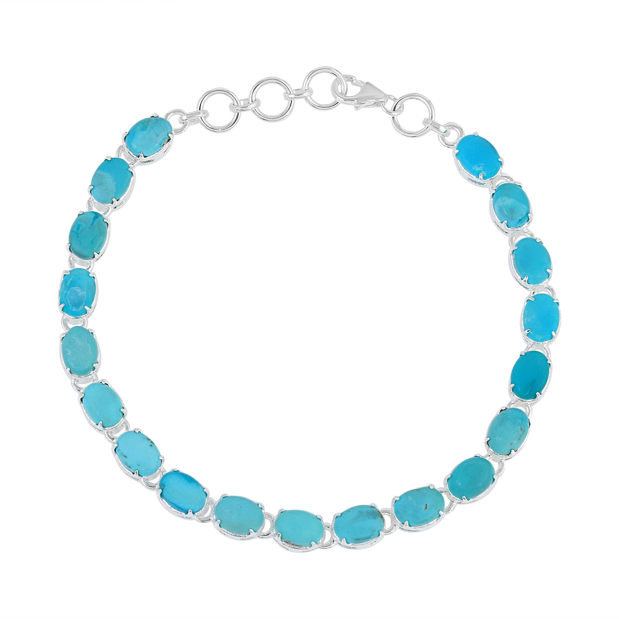 Arizona - Pulsera de tenis turquesa para mujer, 6 x 4 mm, cabujón ovalado, piedra preciosa azul, plata 925, chapado en rodio, cierre de langosta, joyería de regalo de 9 pulgadas