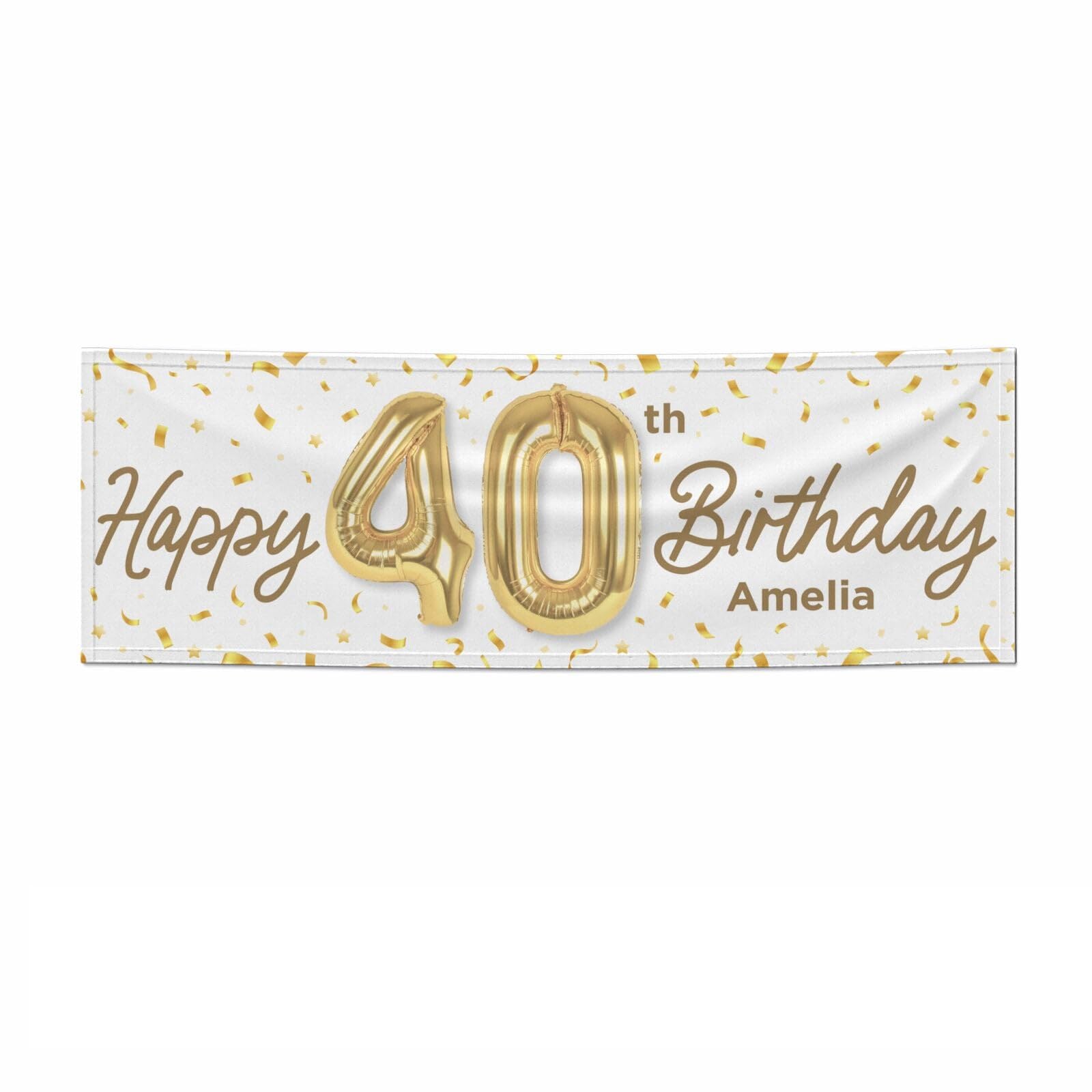 Personalised 40th Birthday Banner 5.85ft x 1.95ft Gold and White Balloon Number Party Decoration, Premium Satin Coated Paper, Indoor Celebration Backdrop