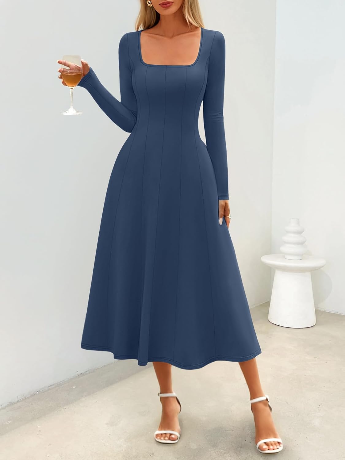 MEROKEETY Women's Fall Dresses 2025 Long Sleeve Square Neck Elegant Classy Winter Cocktail Wedding Guest Midi Dress - Image 3