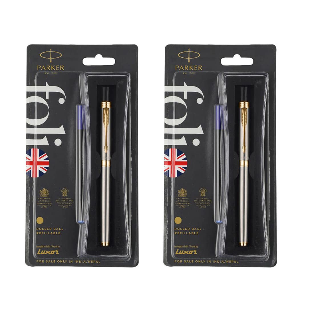 Parker Folio Stainless Steel With Gold Trim Rollerball Pen Pack
