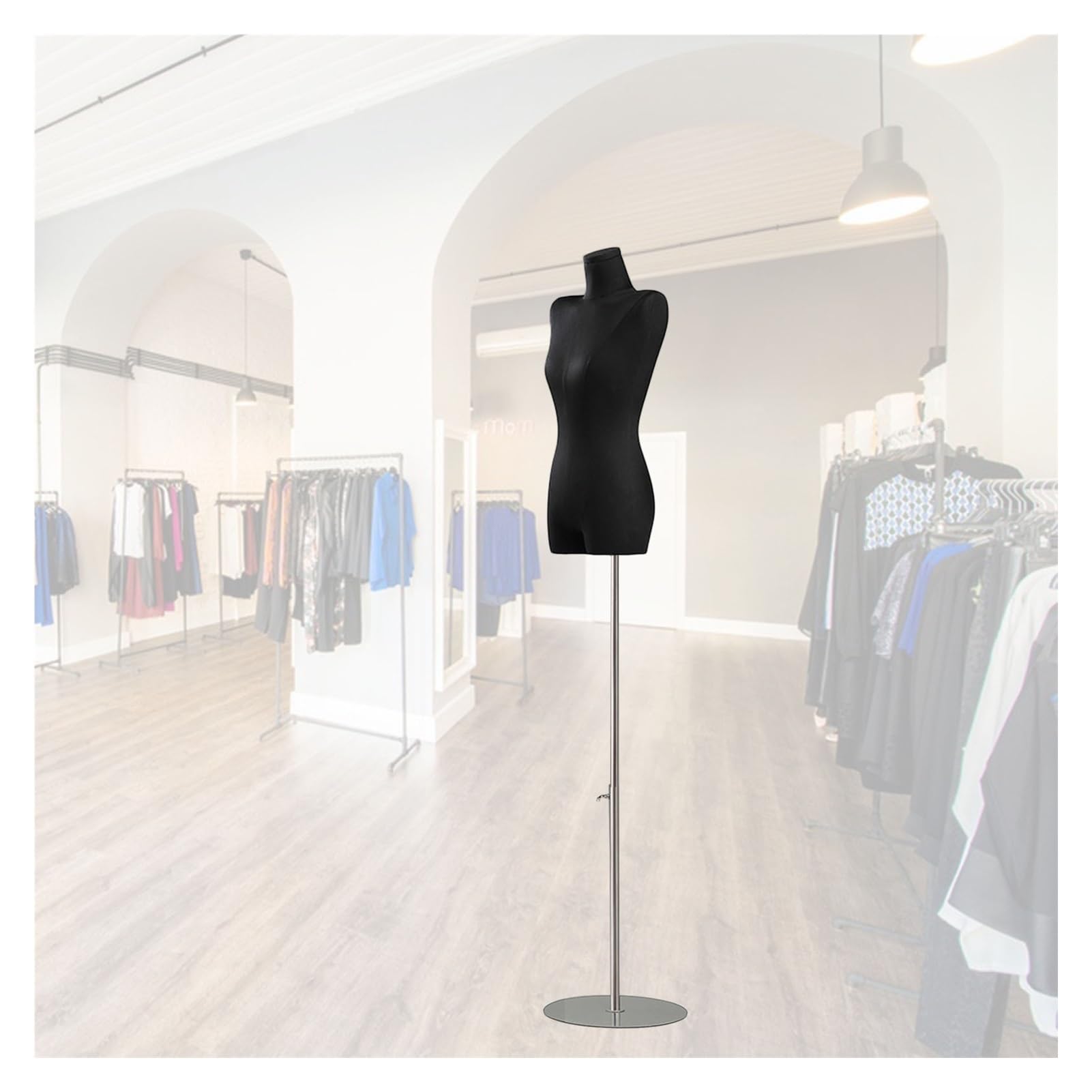 Maniquí de lino negro ajustable con soporte plateado para ropa talla B