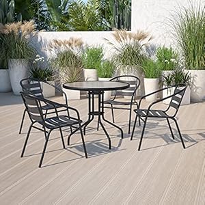 Flash Furniture 31.5'' Round Glass Metal Table with 4 Black Metal Aluminum Slat Stack Chairs