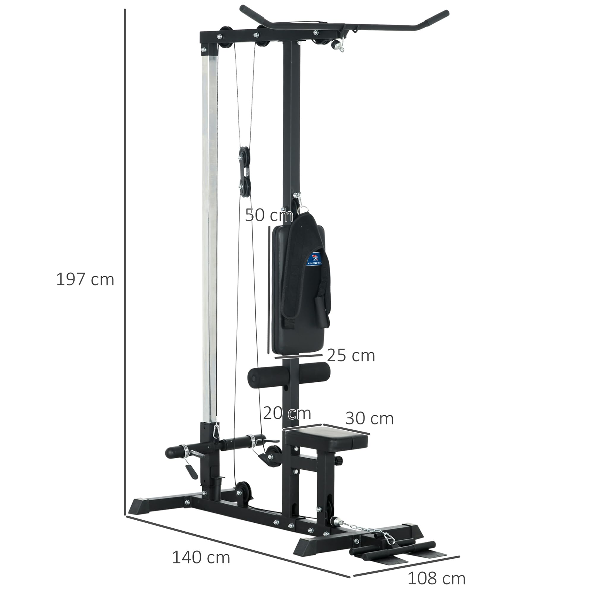 SPORTNOW Estación de entrenamiento - Aosom.FR x FFHandball - Estación de polea, tiro de pecho - LAT pulldown Machine - Banco de culturismo, parte superior del cuerpo (negro FFH)