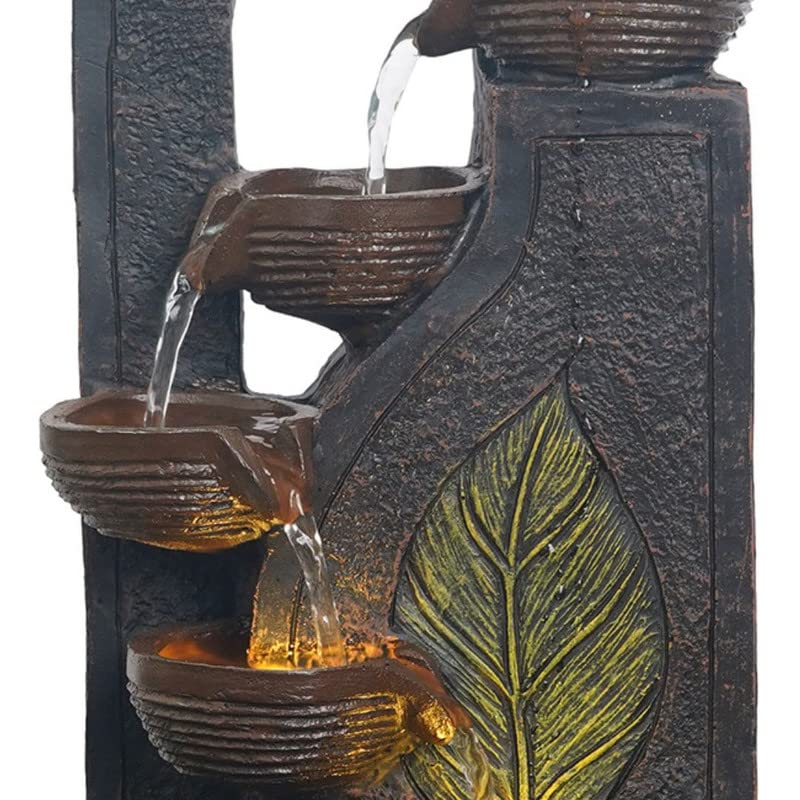 Image of Polyresin Table Top Black 4 Diya Steps & Green Leaf Design Indoor Waterfall Fountain for Home Decor with LED Lights & Speed Controller Pump (Size: 40 x 29.5 x 22CM | Weight: 2250grm)