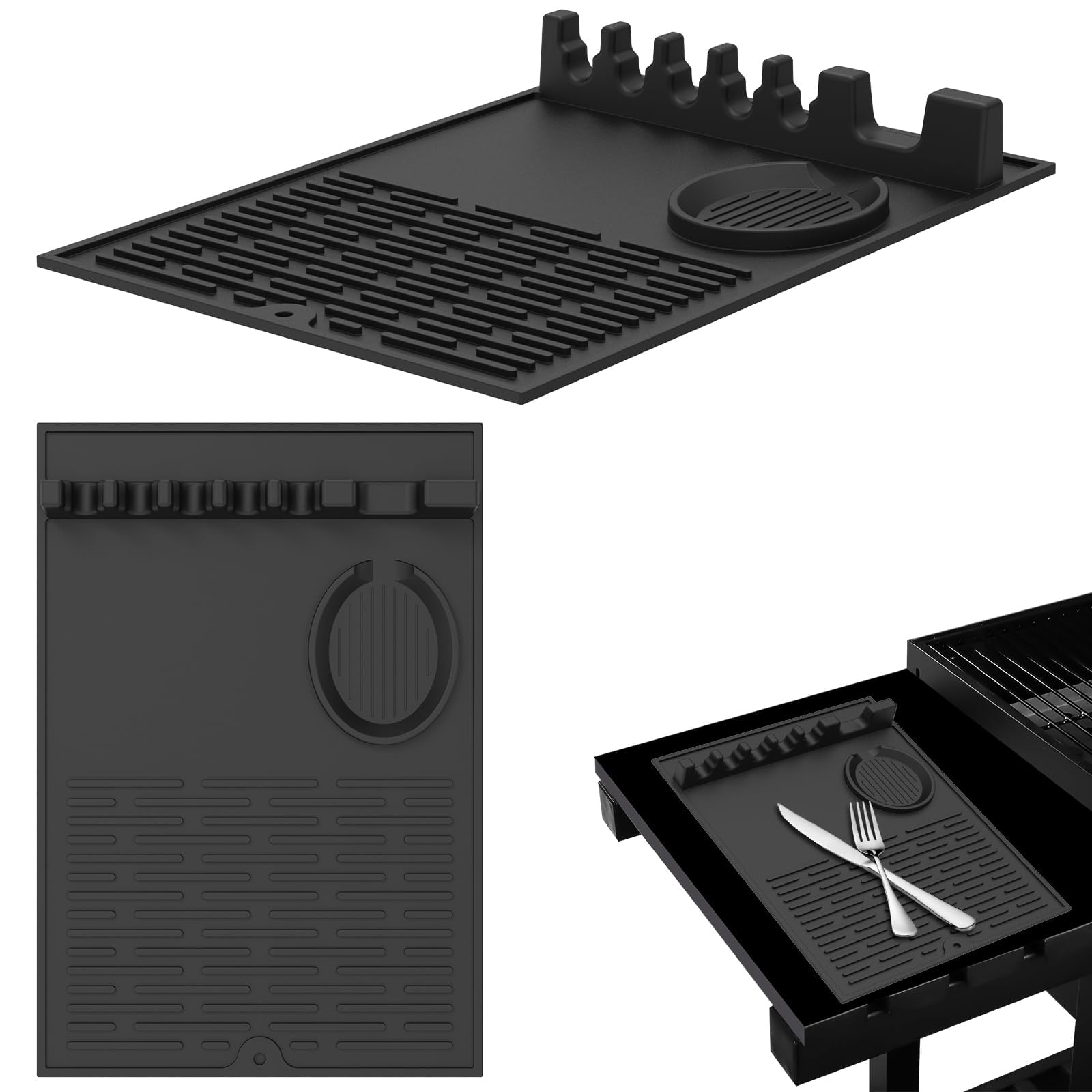NALACAL 2 Pcs Large Griddle Tools Mat, Silicone Grill Side Shelf Mat with Drip Pad Reusable Side Shelf Mat, for Kitchen, Cooking, Countertop, BBQ Caddy Utensils Holder Griddle Accessories (Black)