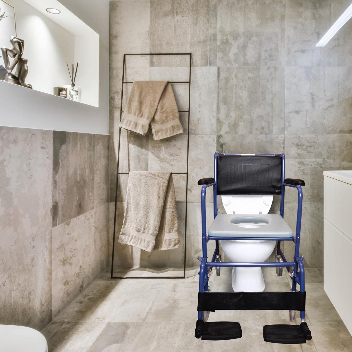 Mobiclinic®, Silla con wc, Tapa, Ruedas para fácil transporte, Sistema de frenado, Reposapiés abatibles y extraíbles, Inodoro extraíble, Reposabrazos asiento acolchados, Acero