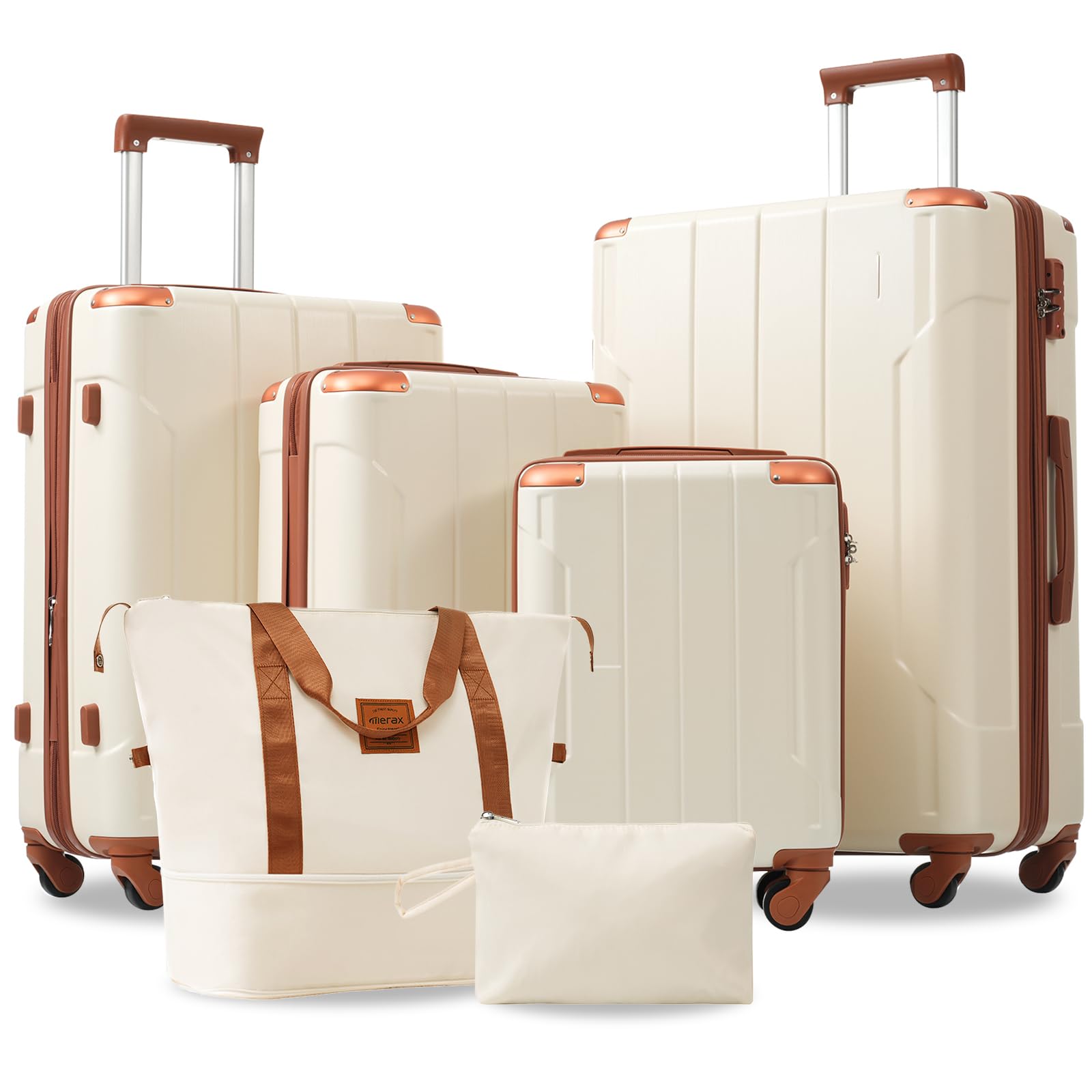 MeraxLuggage Set 6 Piece Expandable Lightweight ABS Hardshell Suitcases with Wheels, Corner Guards (White Brown, 6 piece set)