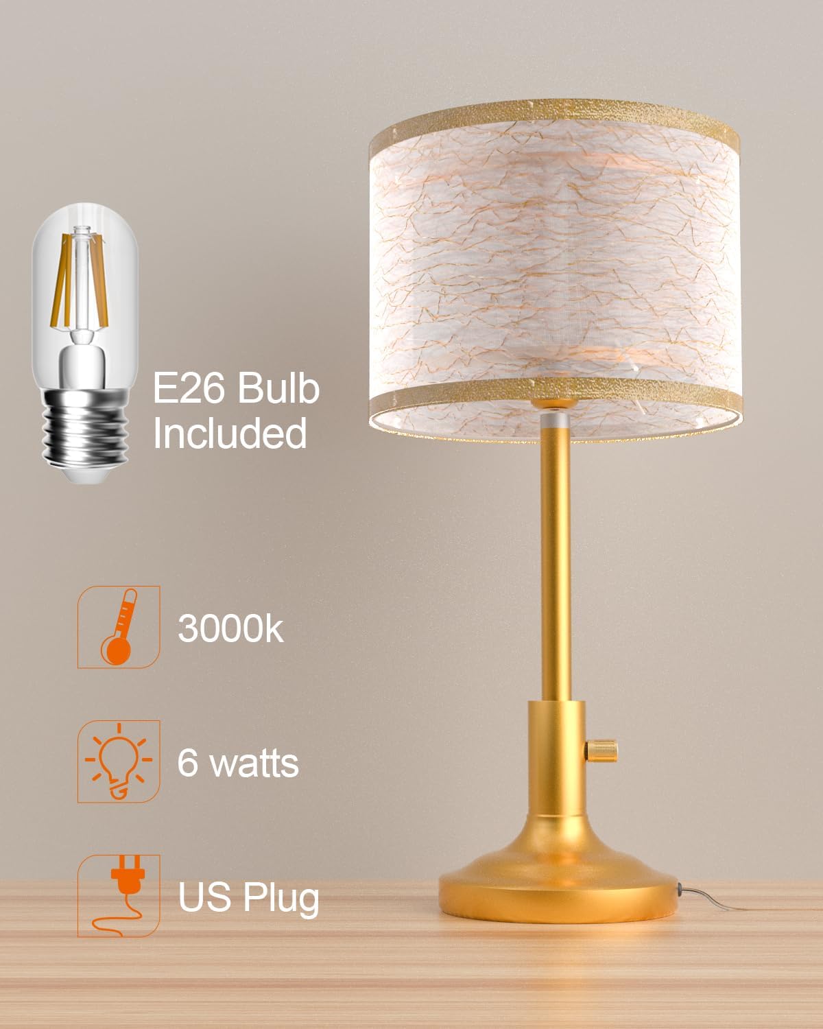 Lightdot Mid Century Table Lamp for Bedroom, Vintage Gold Dimmable Table Lamp with 2-Layer Lampshade, Farmhouse Bedside Lamp Nightstand Light for Living Room(Bulbs Included)