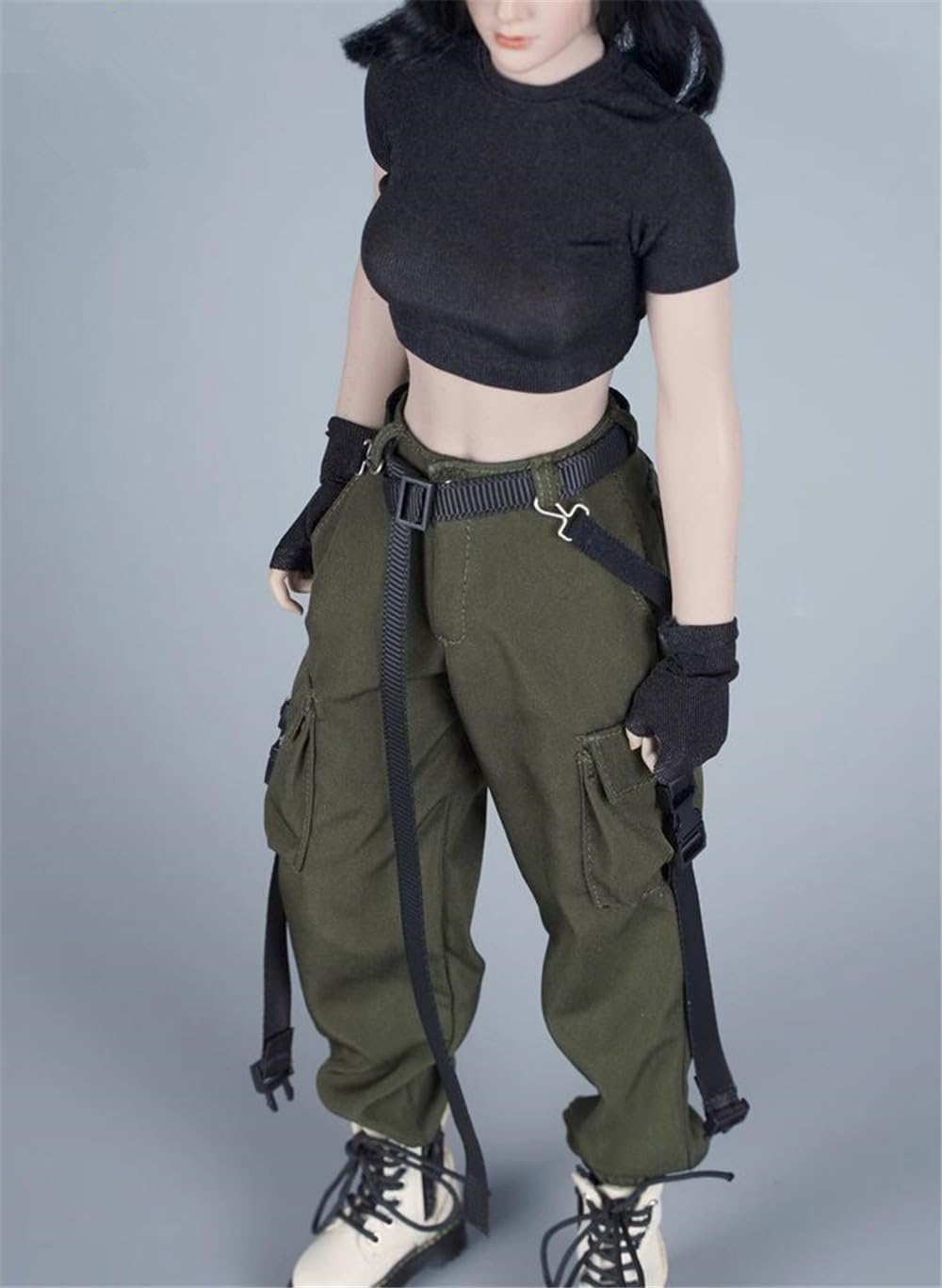 1/6 Weibliche Kleidung, Weibliches T-Shirt Hose Hose Handschuh Gürtel Overalls Kostüm Outfit Kleidung für 12inch Soldat Action Figur Körper (Schwarzes Hemd+Grüne Hose)