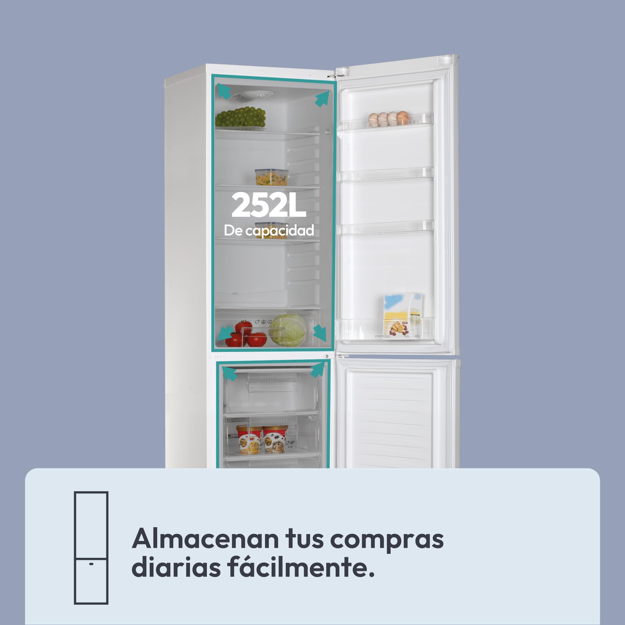 CANDY CCG1S 518EW - Frigorífico Combi, Ancho 55cm, Altura 1,80m, 252L, Cajón Verdulero, Control Mecánico de la temperatura, Iluminación LED, Puerta Reversible, 41DB, Blanco
