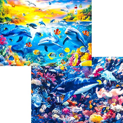 PixloraJigsaw Puzzles for Adults 1000 Pieces - 2-Pack Dolphin Sunset & Deep Sea Puzzle, Puzzle 1000 Pieces, Difficult Jigsaw Puzzles, Vibrant Ocean Art Gift