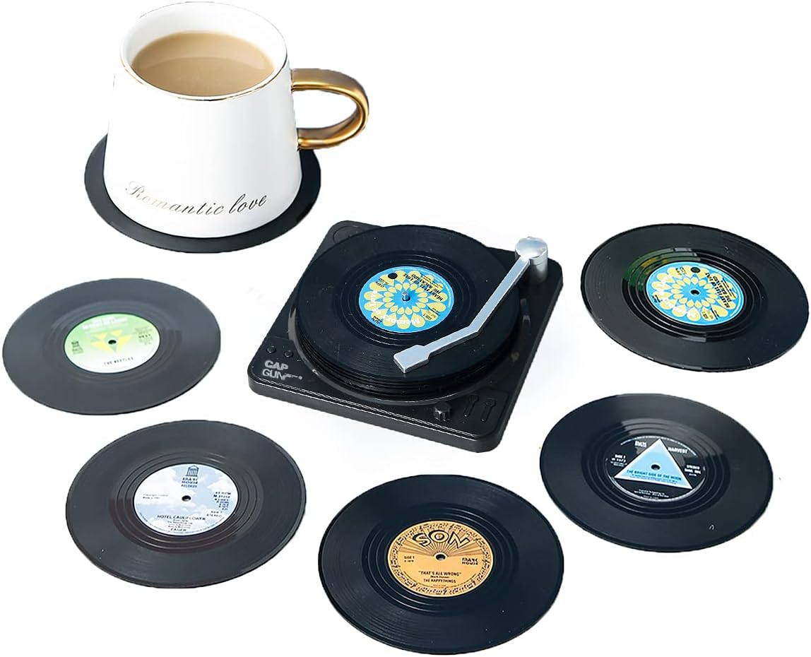 homEdge Vinyl Record Coasters, 6 Pieces of Retro Style