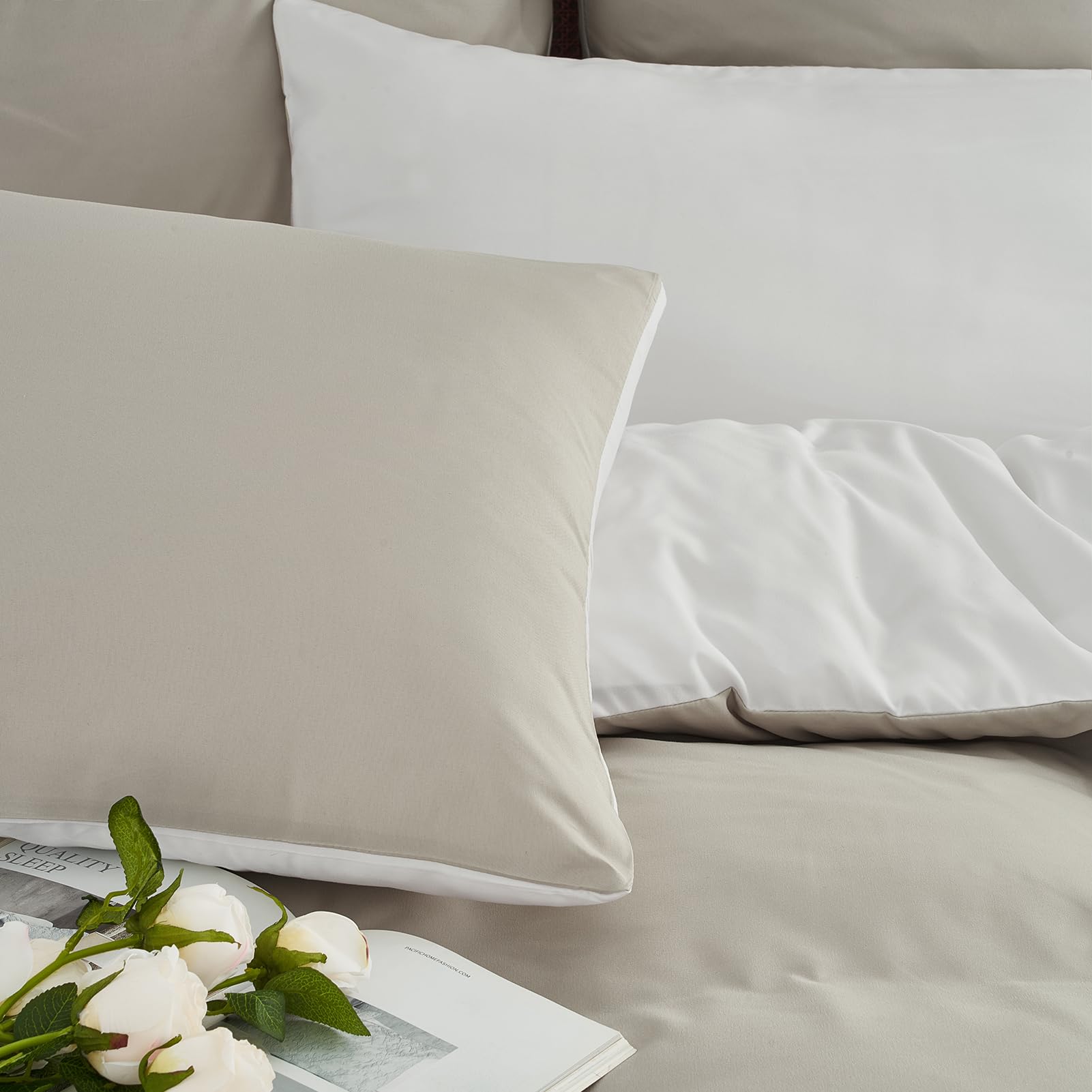 Funda Nórdica Cama 90 Beige/Blanco,Súper Suave Diseño Doble Cara A/B con Cremallera, Certificación Oeko-Tex 1 Funda de Edredón 135x200 + 2 Fundas de Almohada 80x80 cm