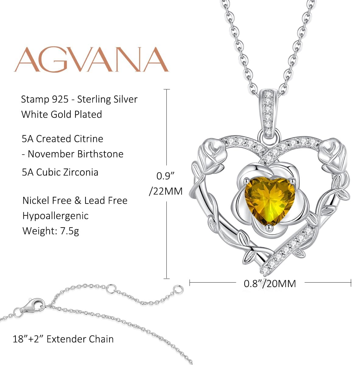 AGVANA November Birthstone Jewelry Citrine Necklace for Women Sterling Silver Heart Rose Flower Pendant Necklace Anniversary Birthday Gifts for Women Mom Wife Her