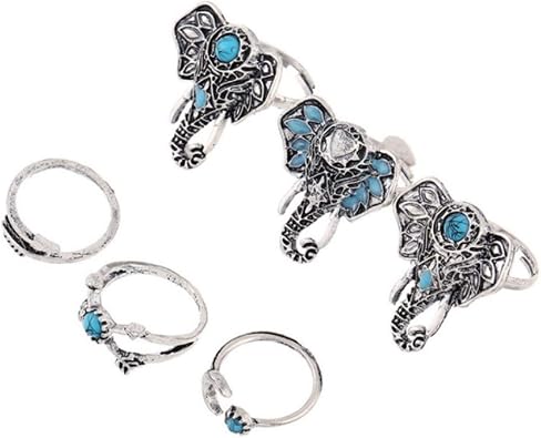 Gifts Are Blue Womens Boho Rings, Vintage Designs, Elephant Styles, 6 Pieces, Turquoise & Silver