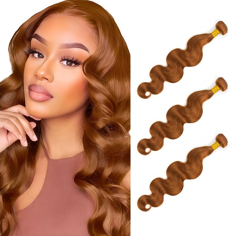 #30 Light Brown Body Wave Human Hair Bundles 12 14 16 Inch Bundles Human Hair Body Wave Brazilian Virgin Quick Weave Hair for Black Woman 100 Gram Per Bundle