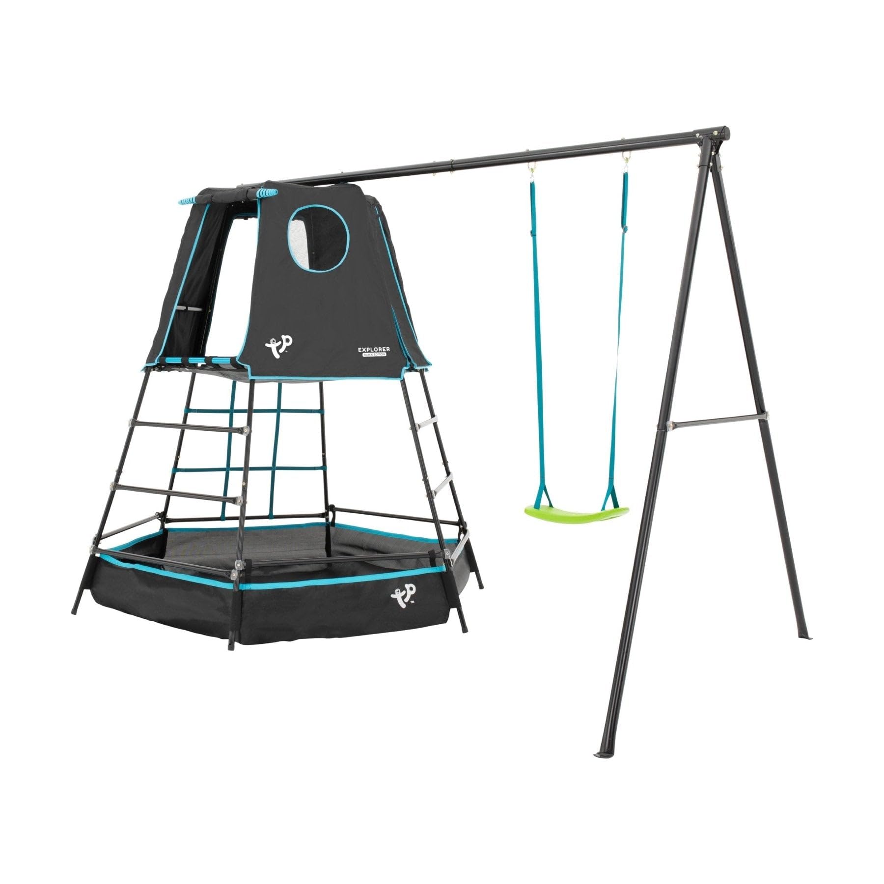 TP Toys Explorer Metal Climbing Frame Set & Swing Black Edition - Adventure Playmat, Climbing Ladder, Swing Set and Monkey Bridge. Roll Up Door. Round Viewing Window. Aged 3-12 Years
