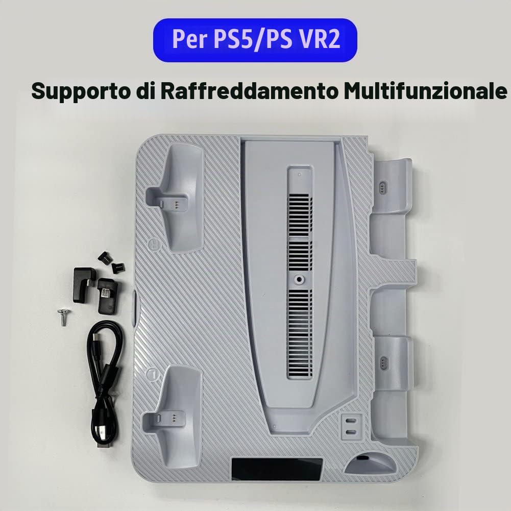 Supporto di ricarica multifunzionale di raffreddamento compatibile con console PS5 con stazione di ricarica a doppio controller VR2 per dock di ricarica con maniglia PS VR2