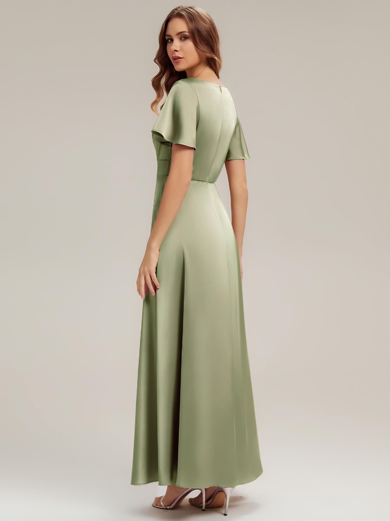 Ever-Pretty Abiti da Damigella Collo a V Maniche Corte Satin Maxi Gonna Svasata ES02710