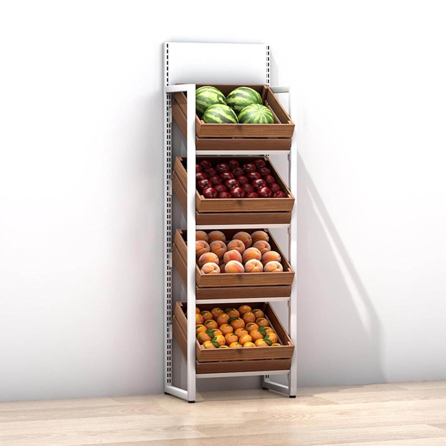 Présentoir à fruits et légumes en bois à 4 niveaux – Organiseur de cuisine de grande capacité pour produits, pommes de terre et épicerie – Paniers élégants blancs et marron