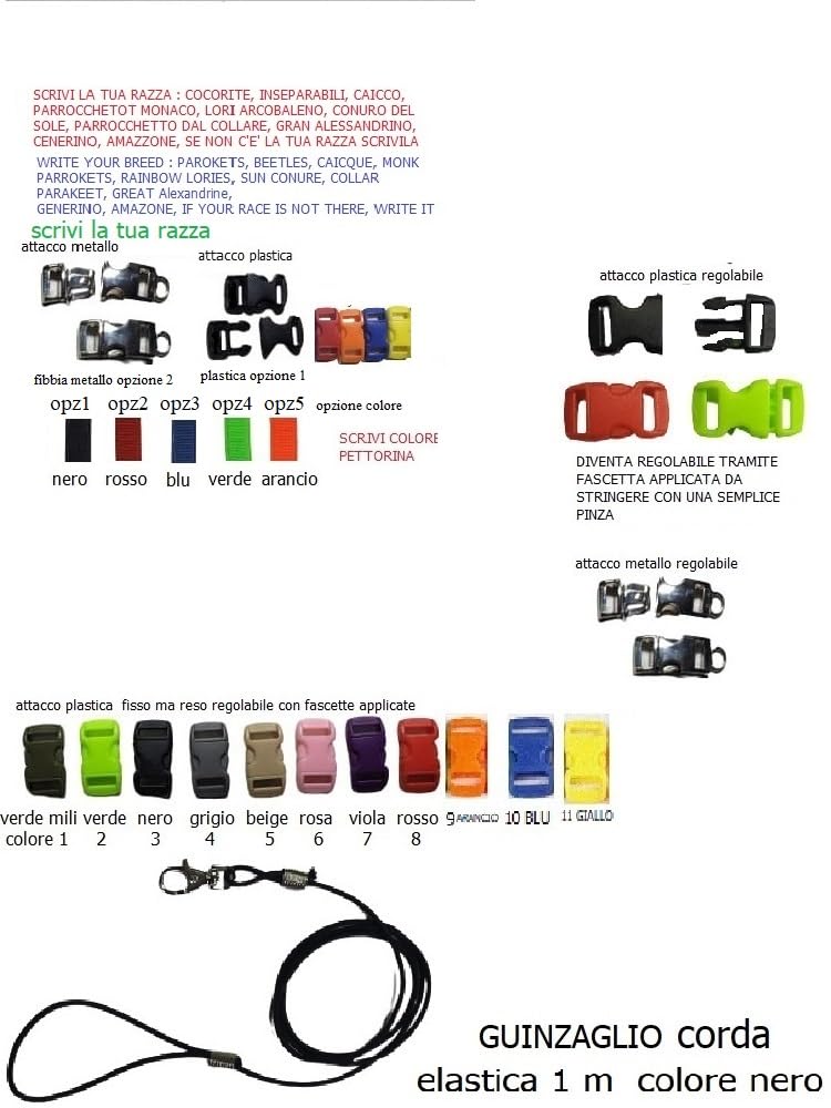 super offerta PETTORINA PAPPAGALLI MISURA calopsite corda 3mm elastica E nastro 10mm, 2 attacchi,METALLO O PLASTICA REGOLABILI GUINZAGLIO 3mm nero 1M + amuleto