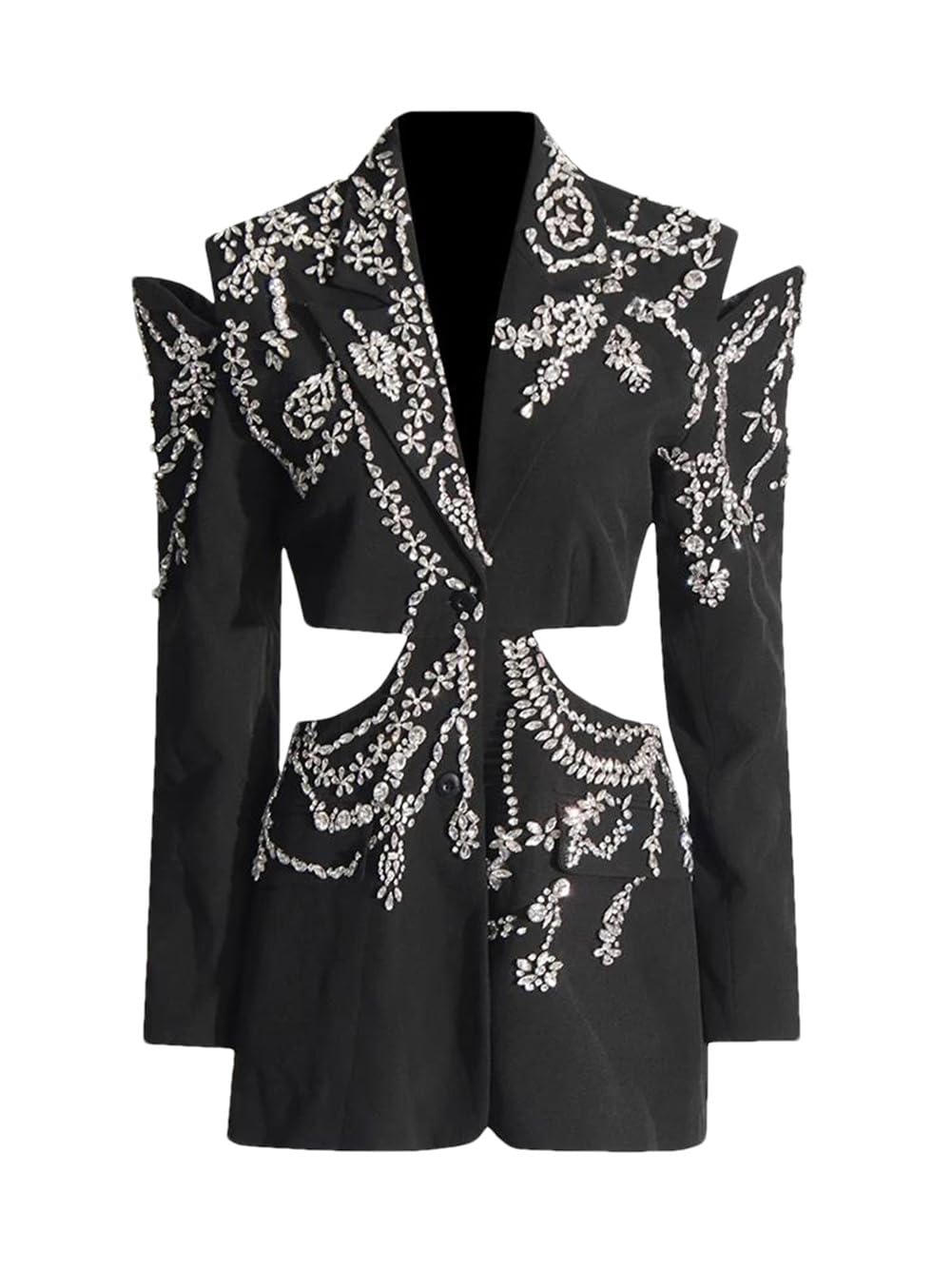 Solid Spliced Rhinestones Beaded Blazers for Women Notched Collar Long Sleeve Patchwork Button Coat