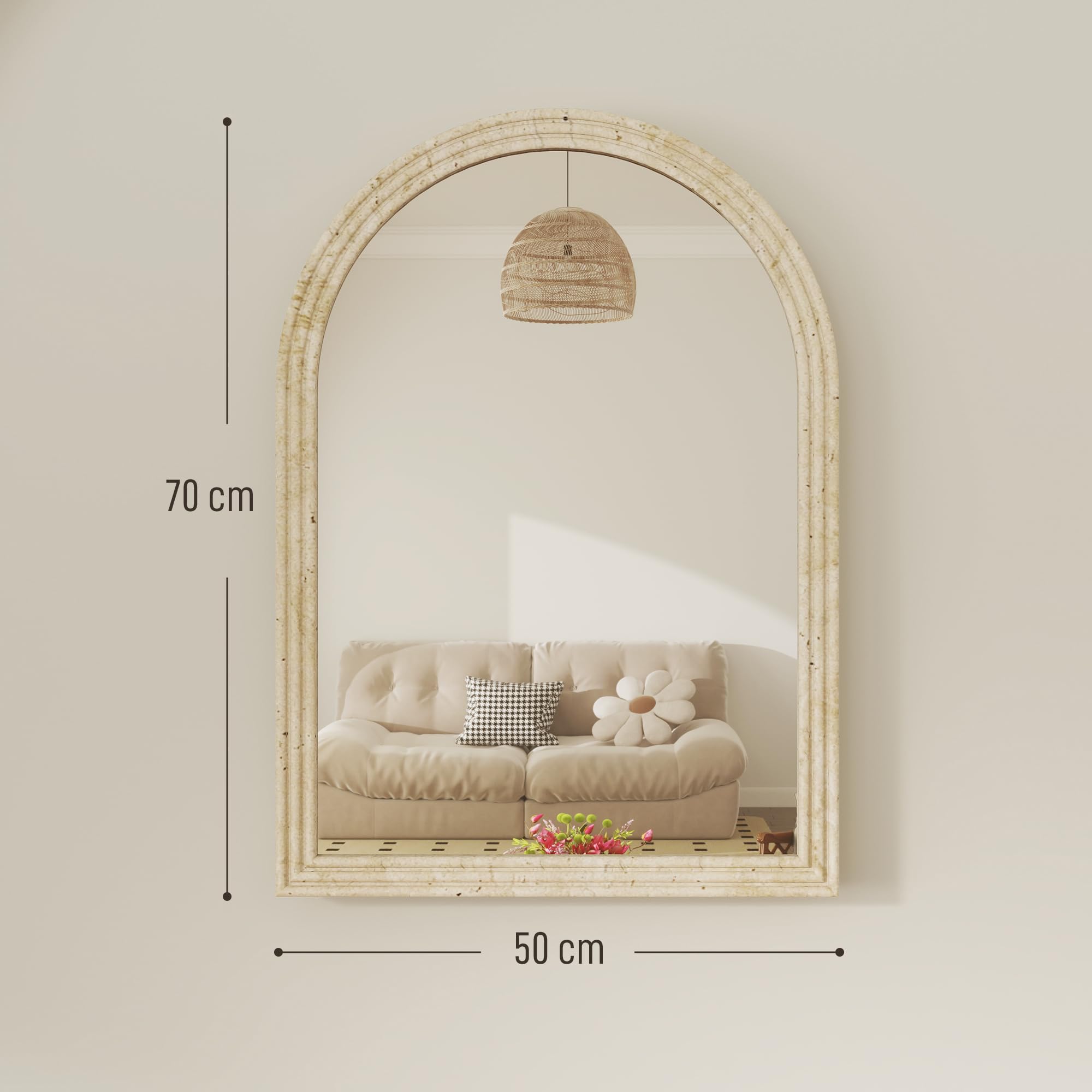 HOMCOM Miroir Mural Arqué Moderne Bord Rainuré Crochets 50 x 70 cm Beige