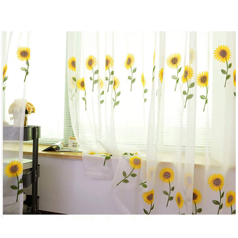 CURTAIN Cortinas para la habitación del bebé Cuarto de los niños Cortina translúcida para Armario Cocina Cuarto Bordado Girasol Estilo Fresco Cortina de Ventana Beige con Gancho (una Pieza)