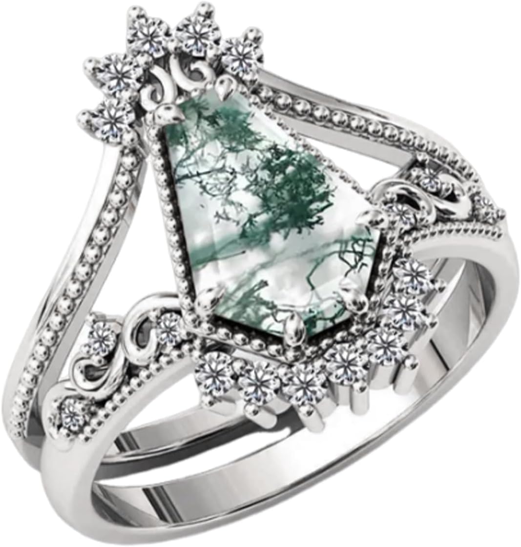 Natural Moss Agate Engagement Ring for Women Pear/Hexagon/Kite/Princess Cut Gemstone Genuine Moss Agate Wedding Ring Set Bridal Ring Set 925 Sterling Silver 10K 14K 18K Gold Moss Rings for Women Size 4-12