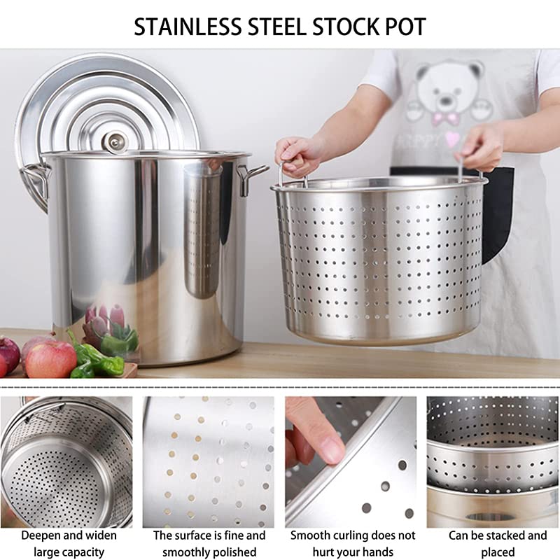 Grand Pot de Stock Robuste en Acier Inoxydable - 27Qt / 45Qt / 63Qt Deep Turkey Fryerer Pot Stew Pot Simmering Stockpot pour Les Fruits de mer ou la Cuisine en Plein air,63Qt