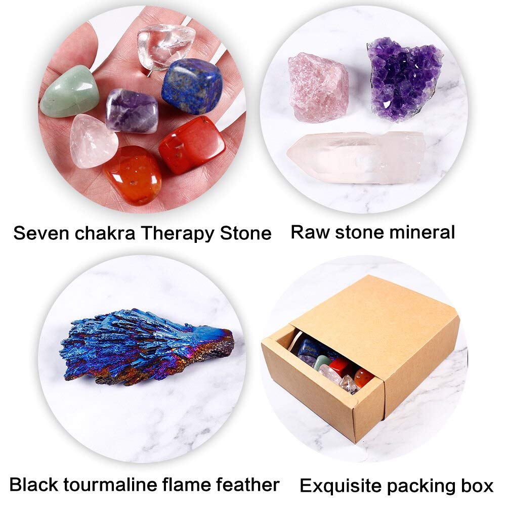 11 PCS Curación de Cristales de curación y Piedras Set de Chakra/racimo de Amatista púrpura, Cuarzo de Rosa y Piedras Preciosas de Cuarzo Transparente, 7 Piedras caídas (Color : Box)