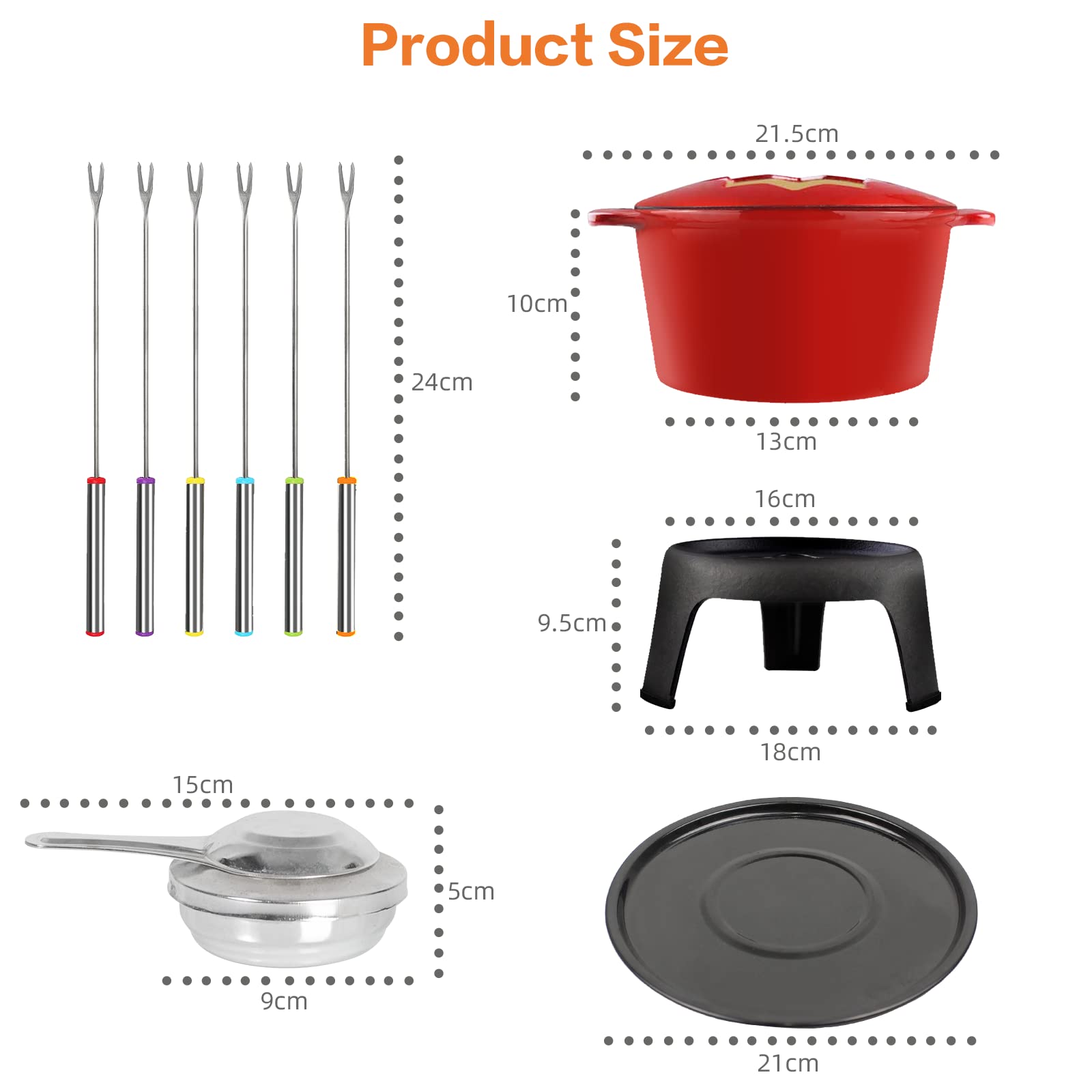 Todeco Service à Fondue avec 6 fourchettes, Set à Fondue pour Fondue Savoyarde, Bourguignonne et au Chocolat, Fondue au Fromage pour 6 Personnes, 27,5 x 21 x 21 cm, Rouge