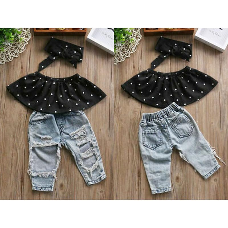 3PCS Baby Girl Off Shoulder Sleeveless Polka Dot Crop Top + Ripped Denim Pants + Headband Sets2
