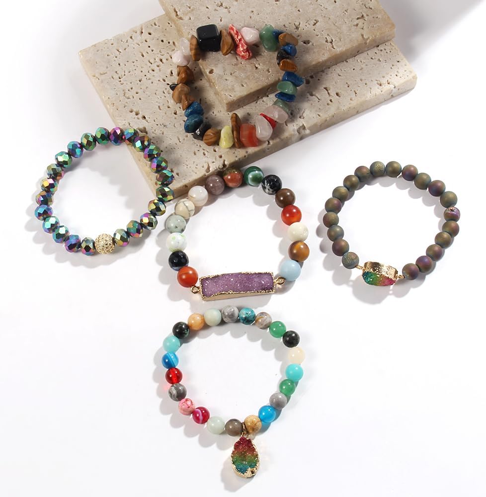Yomisa 5PCS 6PCS Natural Boho Beaded Bracelets/Bangle for Women Men,Healing Turquoise Jasper Agate Crystal Gemstone Stone Chakra Multilayer Wrap Bohemian Handmade Jewelry Beads Stretch Bracelet Set - Image 3