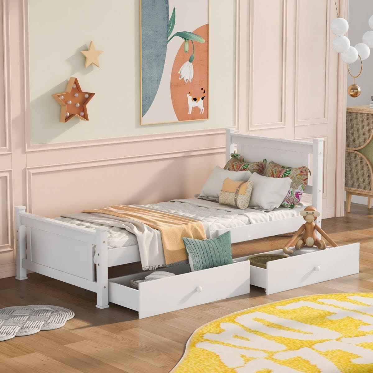 Buy Single Bed Storage Wooden Bed Frame with Two Drawers, Headboard and