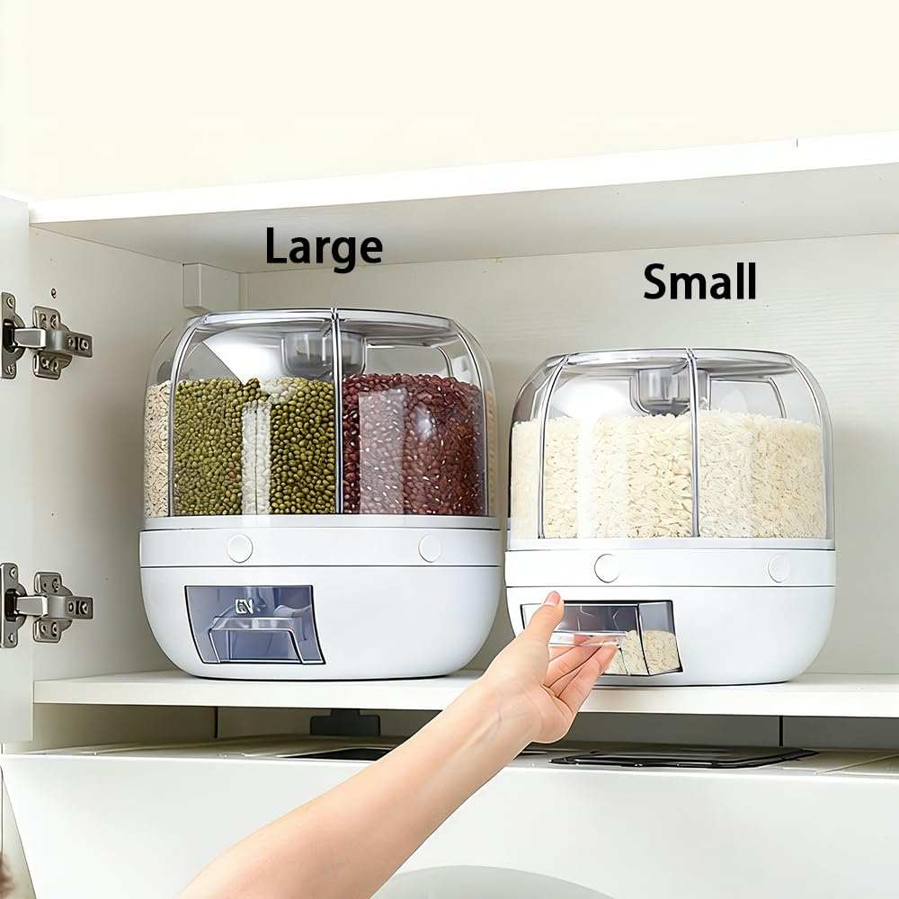Rotating Grain Storage Bin 6 Grids Rice Container One-Click Output Large Capacity Food Dispenser For Rice Grains or Pet Food Sealed Moisture Proof Organizer Large White 2