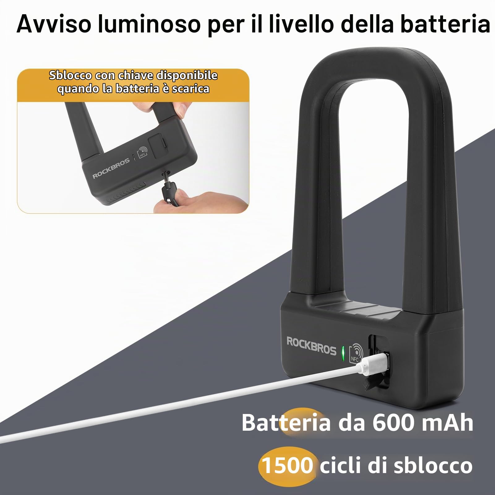 ROCKBROS Lucchetto a U per Bicicletta con NFC, Lucchetto di Sicurezza per Bici Ricaricabile e Antifurto, U-lock per MTB, Bici Pieghevole, Scooter, Monopattini Elettrico