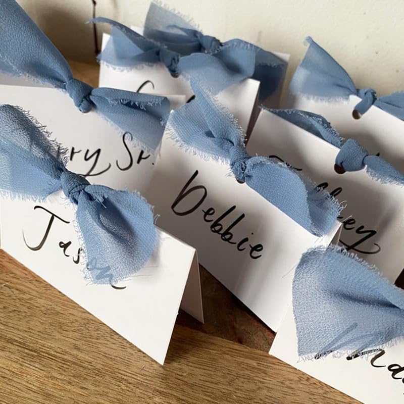 50Pcs Premium Place Cards, Small Table Cards with Blue Ribbon, 2" x 3.5" Tent Card, Name Card, Wedding Place Cards for Wedding, Valentines Day, Table, Dinner Parties, Seating Card