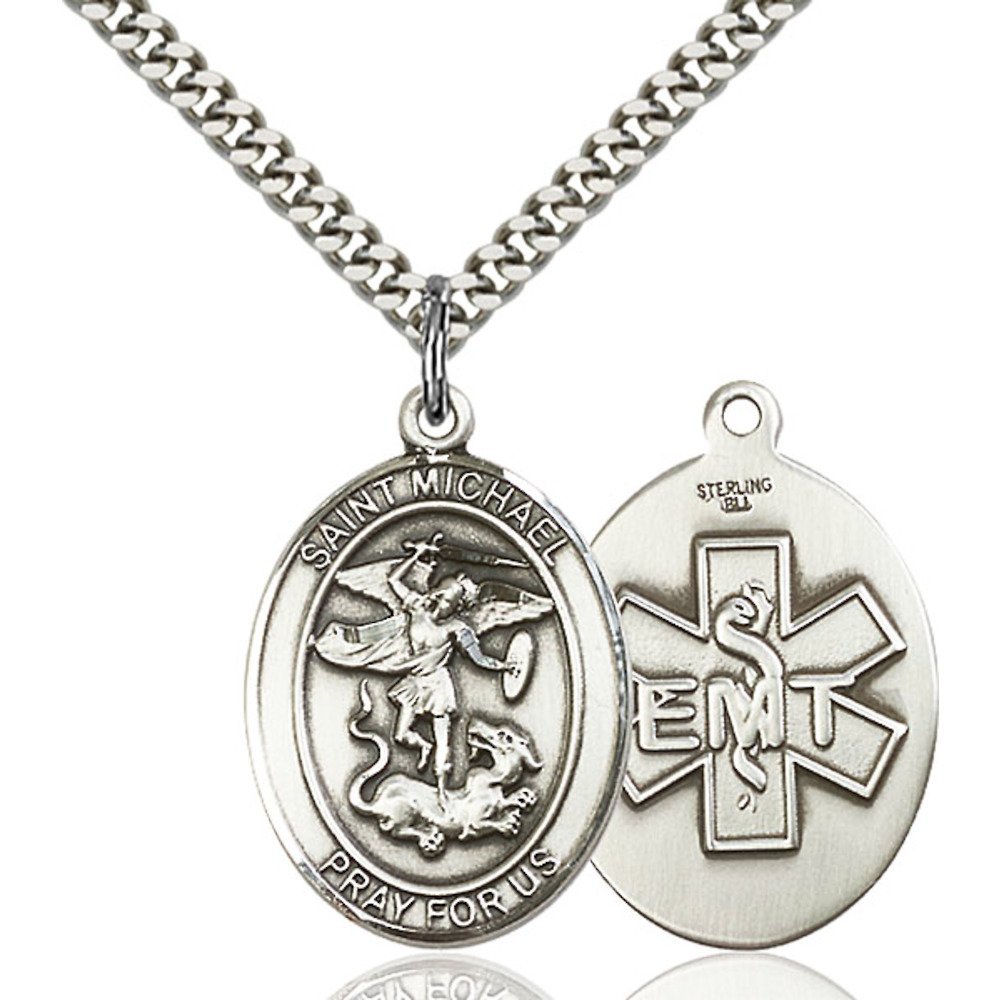 Bonyak Jewelry Saint Medal Collection Sterling Silver St. Michael/EMT Pendant 1 x 3/4 inches with Heavy Curb Chain