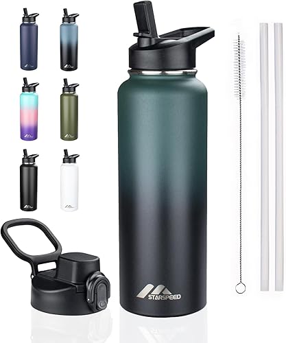 Miniatura 24 de StarSpeed - Botella de agua aislada de 32 oz con pajitas y 2 tapas, botella deportiva de acero inoxidable de doble pared con aislamiento al vacío,