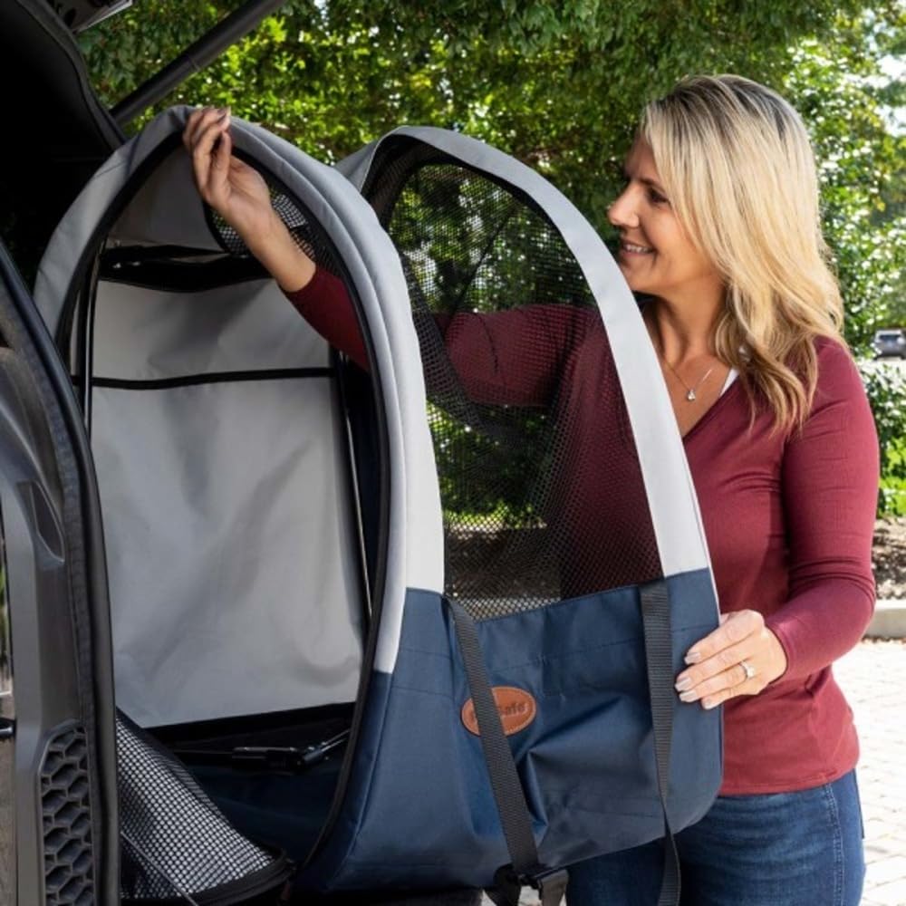 PetSafe Happy Ride - Transportín de Viaje Plegable - Estructura de Aluminio, Ventanas de Malla, Bolsillos y Acceso para Cinturón de Seguridad