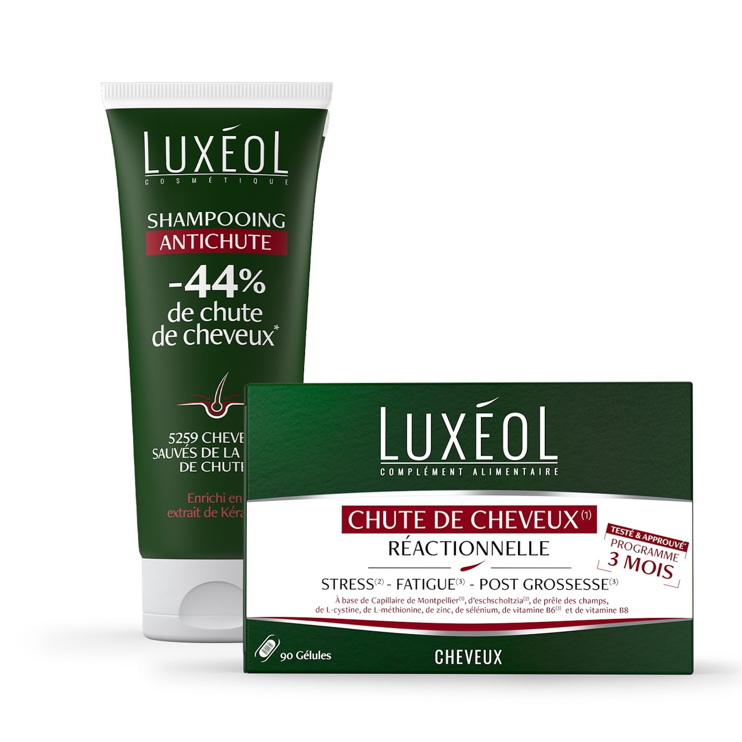 LUXEOL - Chute Réactionnelle (Stress, Fatigue, Post-Partum), -44%(1) De Chute De Cheveux - Complément Alimentaire Chute Cheveux Réactionnelle (3 Mois, 90 Gélules) + Shampooing Antichute 200 ml