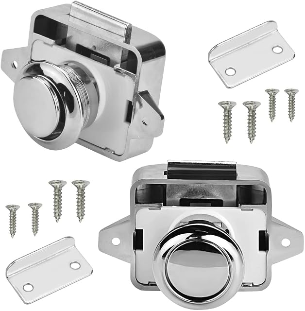 PERFETSELL 2 PCS Chrome Push Button Latch Catch Drawer Replacement Keyless Door Lock Catch Zinc Alloy Pop Up Cupboard Door Knob Latch Fit 15mm-18mm Thickness Cabinet Boat Horsebox Camper Van RV